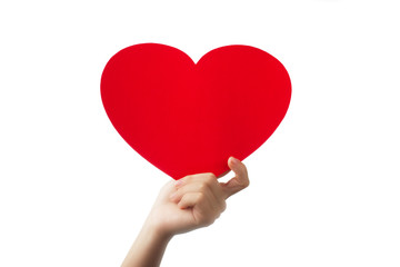Female hands holding red heart on white background