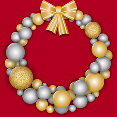 Christmas wreath decorated gold and silver christmas balls