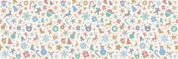 Panoramic seamless pattern with Christmas decorations. Vector.
