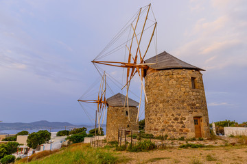 View of the island of Patmos with a windmills, Greece.