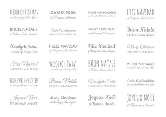 Christmas wishes in different languages: English, French, Spanish, German and Polish. Vector.