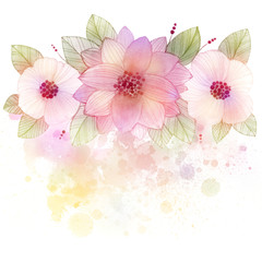 Beautiful floral composition. Hand painted charming watercolor combination of flowers and leaves.