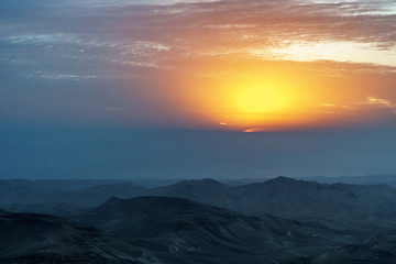 Magic sunrays in judean holy land desert in Israel.
