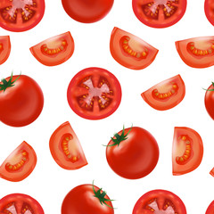 Realistic Detailed Red Tomato and Segment Parts Seamless Pattern Background. Vector