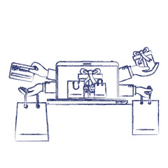 online purchases of gifts with credit card on laptop in dark blue blurred silhouette