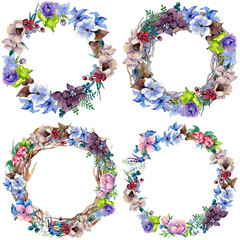 Flower composition wreath in a watercolor style. Full name of the plant: tropical flower. Aquarelle wild flower for background, texture, wrapper pattern, frame or border.