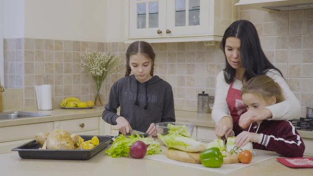 Daughters helps their mother to cook salad