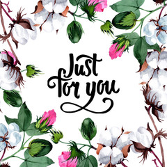 Cotton with flower frame in a watercolor style. Full name of the plant: cotton, pink flower. Aquarelle wild flower for background, texture, wrapper pattern, frame or border.