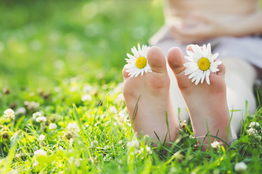 Child feet with daisy flower on green grass in a summer park.