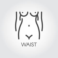 Abstract female body naked icon. Healthy lifestyle, slim, not overweight concept. Waist contour emblem. Woman figure front view. Sign or button for sites, mobile applications. Vector illustration