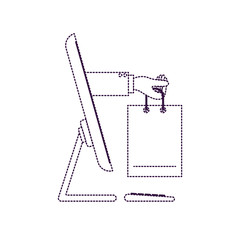 desktop computer and hand holding shopping bag of purchase online in purple dotted silhouette