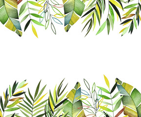 Watercolor tropic frame. Collection included colorful leaves and branches. Perfect for you postcard design,invitations,projects,wedding card,logo,packaging.