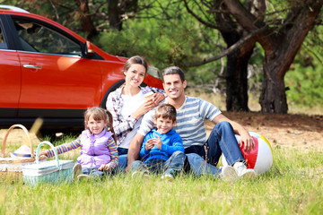 Naklejka na ściany i meble Happy family on a picnic outdoors