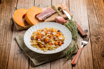 butterfly pasta with speck mozzarella and pumpkin