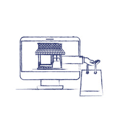 desktop computer front view with online store and shopping bag in screen in dark blue blurred silhouette