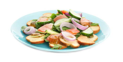 Plate with delicious salad on white background