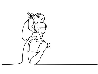 Continuous Line Art Drawing. Happy young father with little daughter on shoulders. Vector Illustration