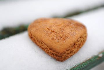 Homemade cookies with sugar and cinnamon in the form of hearts on a background of snow