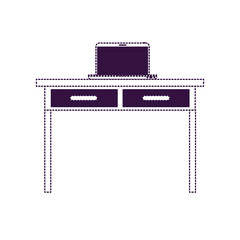desk table with drawers and laptop computer above in front view in purple dotted silhouette