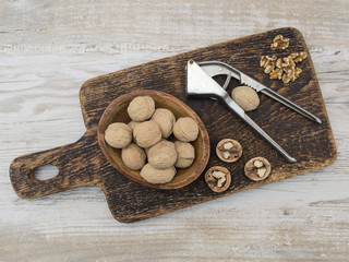 walnut on a wooden table. 