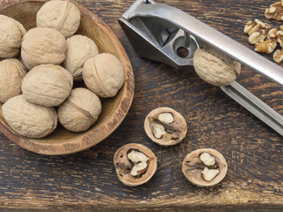 walnut on a wooden table. 