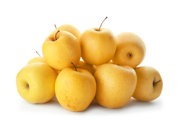 Ripe yellow apples on white background