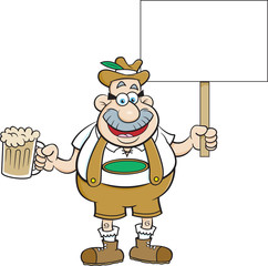 Cartoon illustration of a man holding a beer mug and a sign.