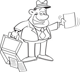 Black and white illustration of a businessman holding an open briefcase and a paper.