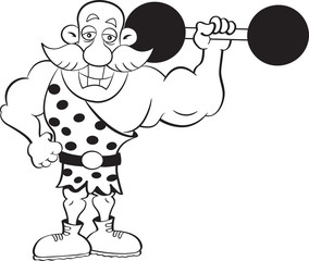 Black and white illustration of a strongman holding a barbell.