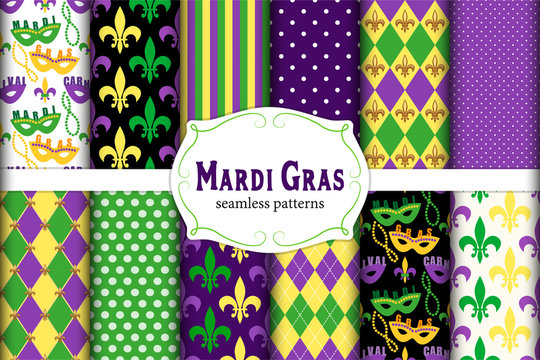 Cute set of 12 seamless Mardi Gras patterns in traditional colors