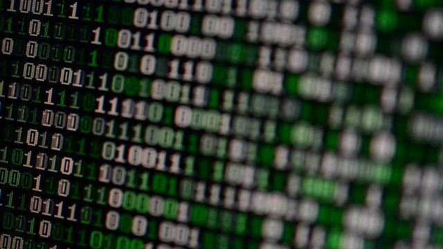 Binary code on the monitor screen.