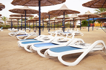 Comfortable sun loungers on sand beach at resort