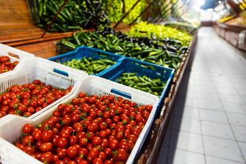 Shop bazaar fruits and vegetables. Set of Vegetables Tomatoes, Cucumber, Eggplant