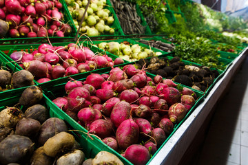 Store bazaar of fresh farm products. Concept of bio products