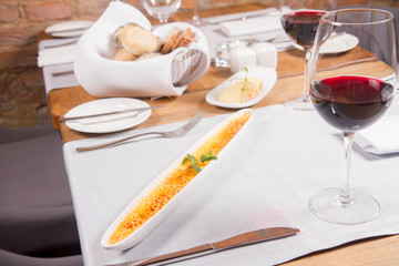 Crème brûlée served in a restaurant