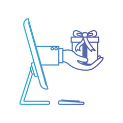 desktop computer and hand holding gift box of purchase online in degraded blue to purple color contour