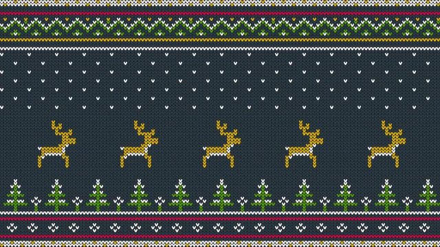 Animated looped Northern knitted ornament for sweeter with deer running over the spruce forest, national patterns and falling snow. 
