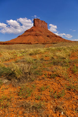 Tall red mesa with desert plants in the foreground and blue sky, Utah, USA