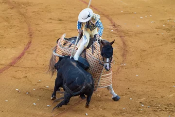 Papier Peint photo Tauromachie Picador a cavallo attacca toro