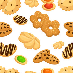 Seamless pattern with different cookies in cartoon style vector illustration on white background web site page and mobile app design