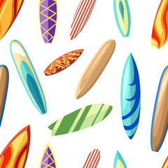 Fototapeta premium Seamless pattern with different colorful surfboards cartoon style vector illustration on white background website page and mobile app design