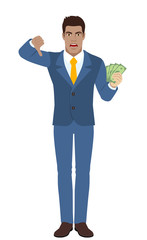Businessman with cash money showing thumb down gesture as rejection symbol