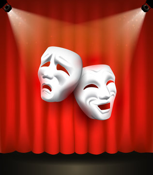 Theater poster with emotional masks on red curtain background. Vector illustration.