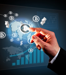 Digital scheme with businessman hand touching bitcoins icon.