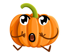 Pumpkin with eyes mouth hadns and legs cartoon fresh vegetable with surprised face cartoon style vector illustration isolated on white background website page and mobile app design