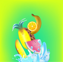 Fruit and water splashes on green background. Vector illustration.