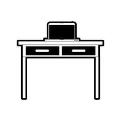 desk table with drawers and laptop computer above in front view in black silhouette