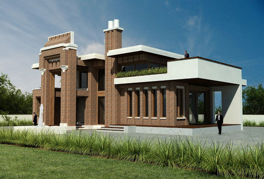 postmodern villa- 3d rendering and design- brick House -entrance