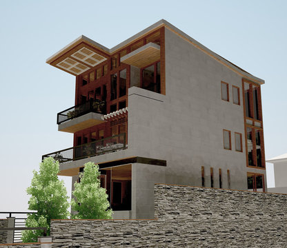 Modern villa -3d rendering and design- mountainous climate - west view
