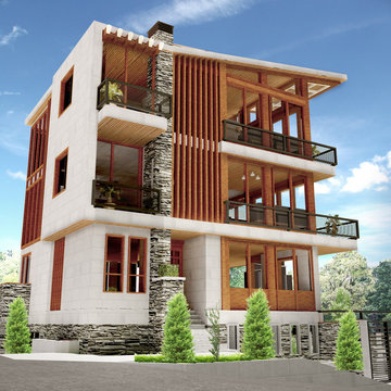 Modern villa  -3d rendering and design- mountainous climate - east view